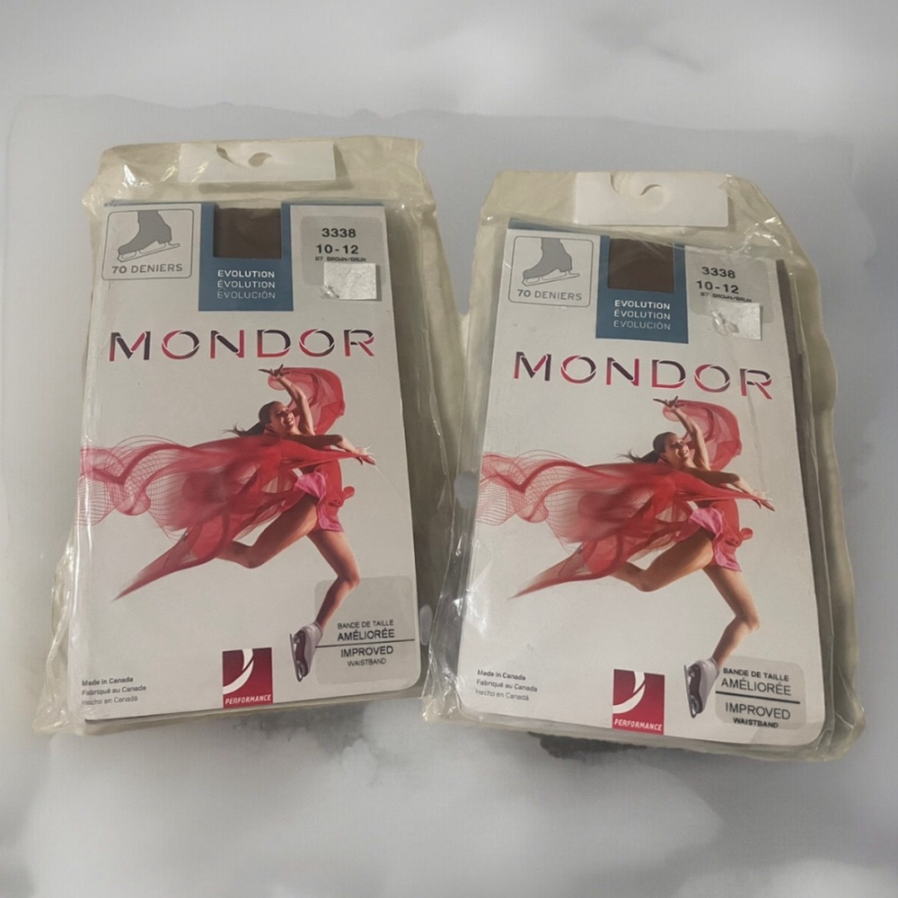 2-pair MONDOR 3338 Girl's Evolution Over The Boot Ice-Skating Tights 10-12 Brown